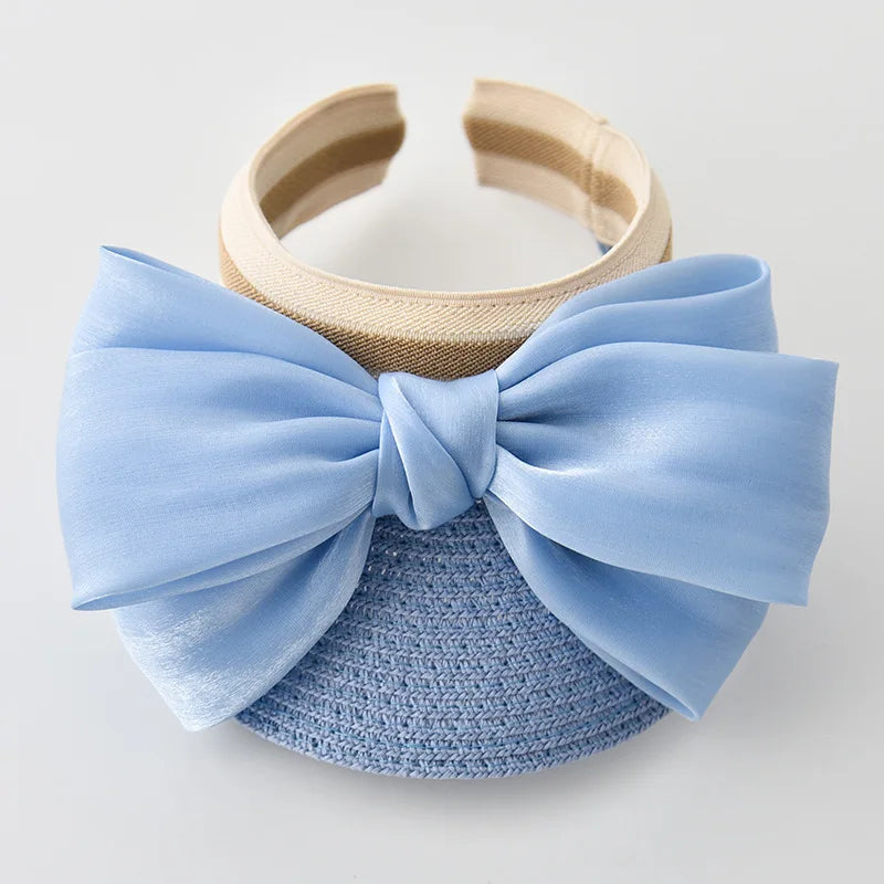 Fashion Ribbon Big Bow Kids Summer Empty Top Casual Sun Hat Outdoor Travel Beach Straw Caps Holiday Girls Wide Brim Visor Cap