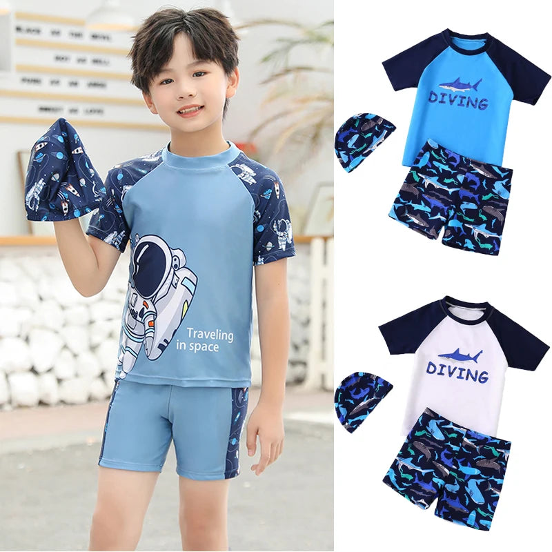Summer Children's Swimsuit Boys Split Short Sleeve Swimming Suit Teenage Cartoon Quick Drying Bathing Suits Boys Swimsuit Set