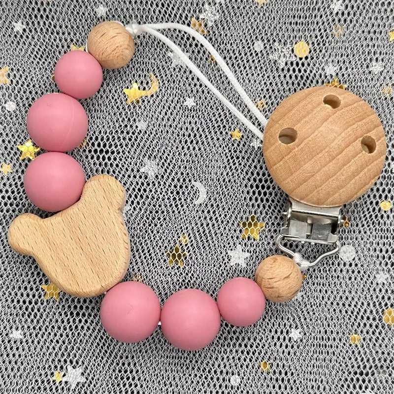 Custom Name Silicone Beads Wooden Ring Pacifier Clips Safe Teething Chains Baby Teether Eco-friendly Dummy Beech Clips Holder