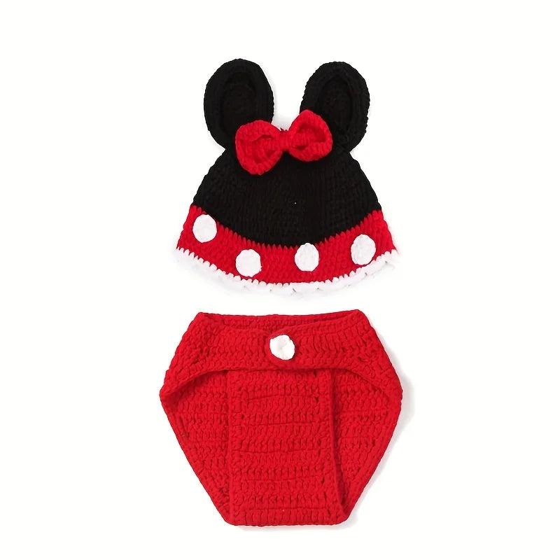 Newborn Party Costume，Easter Red Mouse Suit，Newborn Baby Photography Props Boy Girl，Crochet Knitted Hat Diaper Pants Outfits