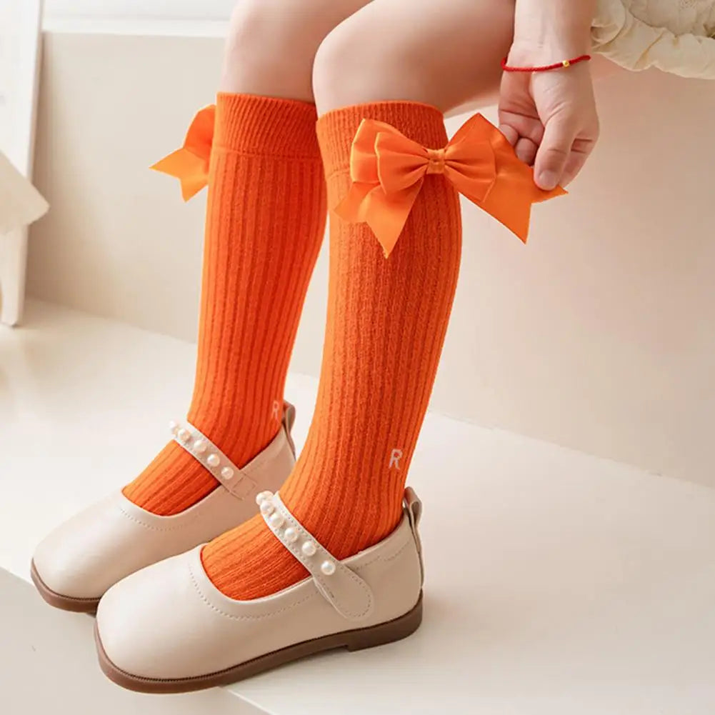 Cute Cartoon Kids Stockings Bow Knee High Cotton Socks Cotton Long Socks Breathable Mid-Calf Socks for Toddler 3-12Y