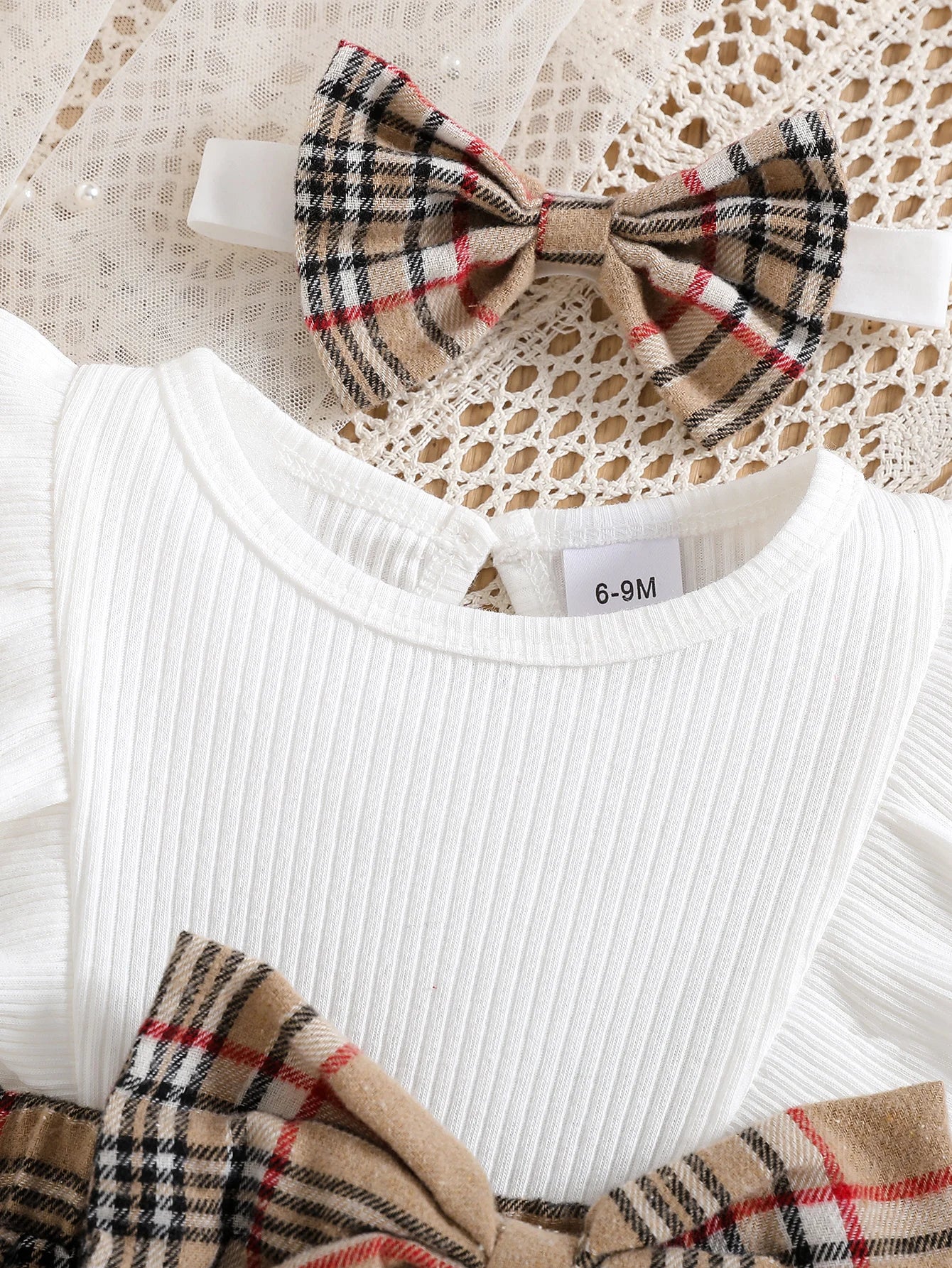 Baby Girl Summer Fashion Cute Casual Round Neck Ruffle Lace Decoration Short Sleeved Waist Large Bow Plaid Splicing Design