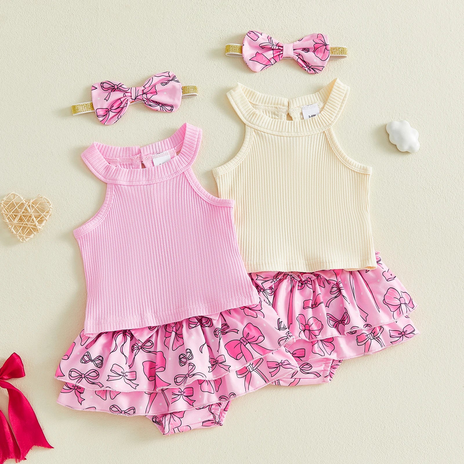 Baby Girl Summer Outfits Solid Color Sleeveless Tank Tops Bowknot Print Elastic Waist Ruffles Shorts Headband 3Pcs Clothes Set