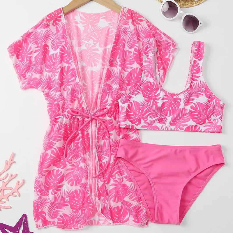 Kids Summer Beachwear Swimming Suit Mesh Three Piece Children Girls Bikinis Split Swimwear Overall Bathing Suit