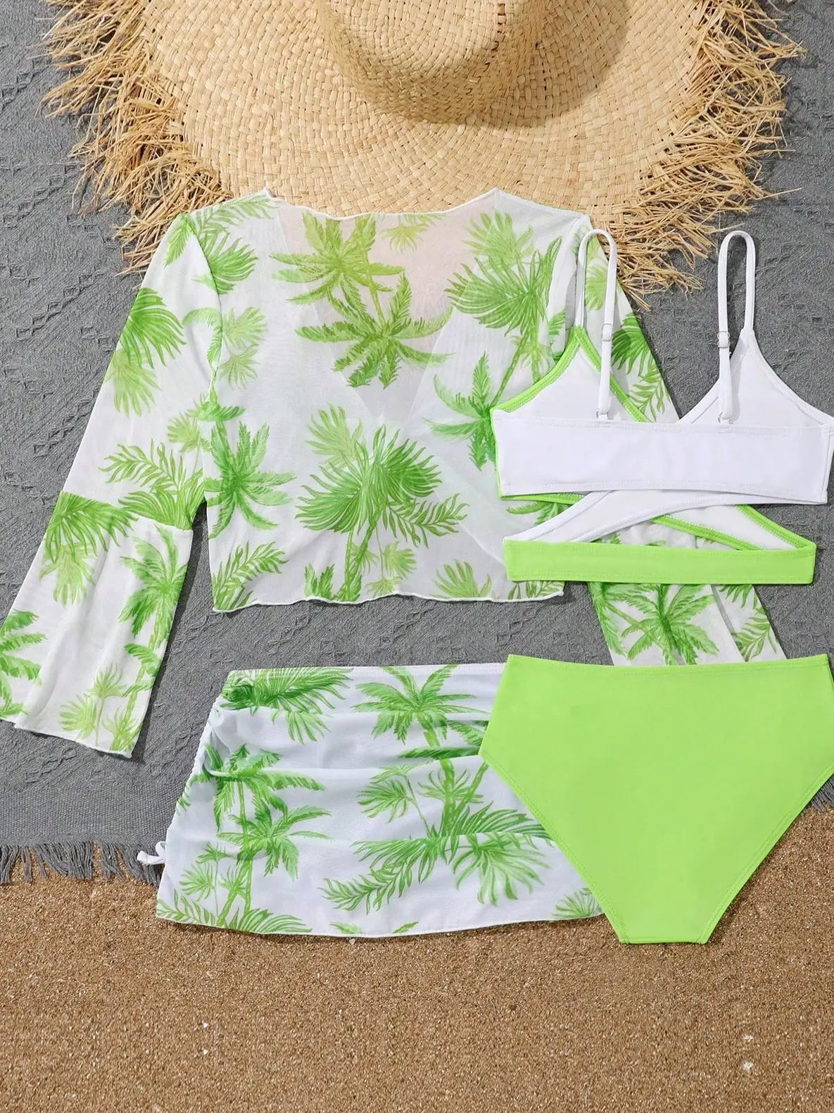 4 Pieces Bikini Top & Skirt 2025 Girls Swimsuit Kids High Waist Swimwear Children Bathers Bathing Swimming Swim Suit Beachwear