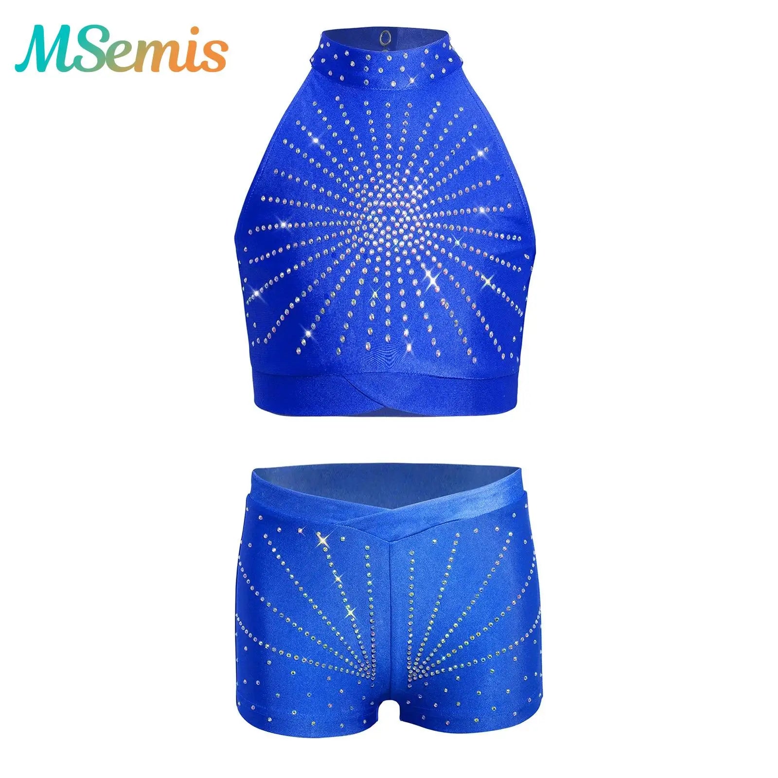 Kids Girls Ballet Dance Outfits Gymnastics Performance Costume Cutout Back Sparkling Rhinestone Crop Top with V-front Shorts