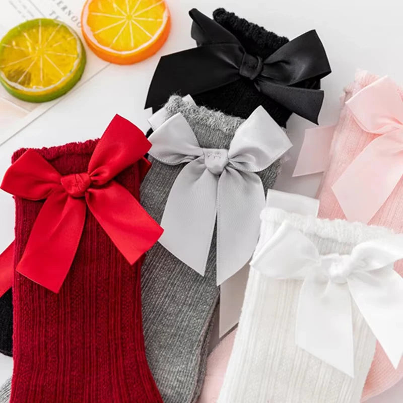 Bow Baby Long Socks Spring Autumn Kids Knit Stockings Non-slip Princess Girls Knee High Sock Solid Cotton Newborn Footwear 0-3Y