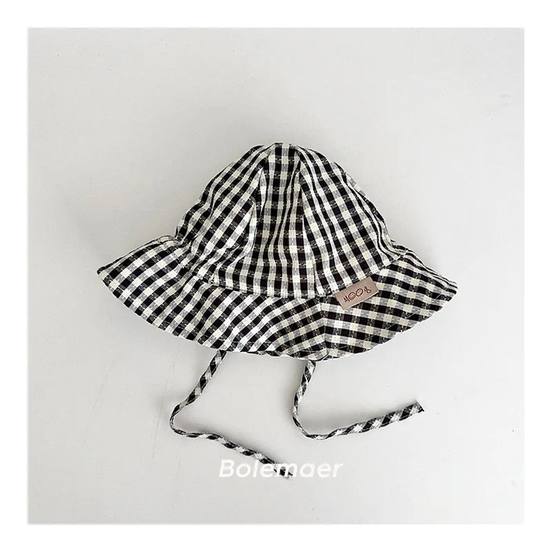 Wide Brim Summer Sun Hat For Baby Plaid Print Fisherman's Hat Children Cotton Bucket Cap For Boys Baby Girls Sunhat Kids Bonnet
