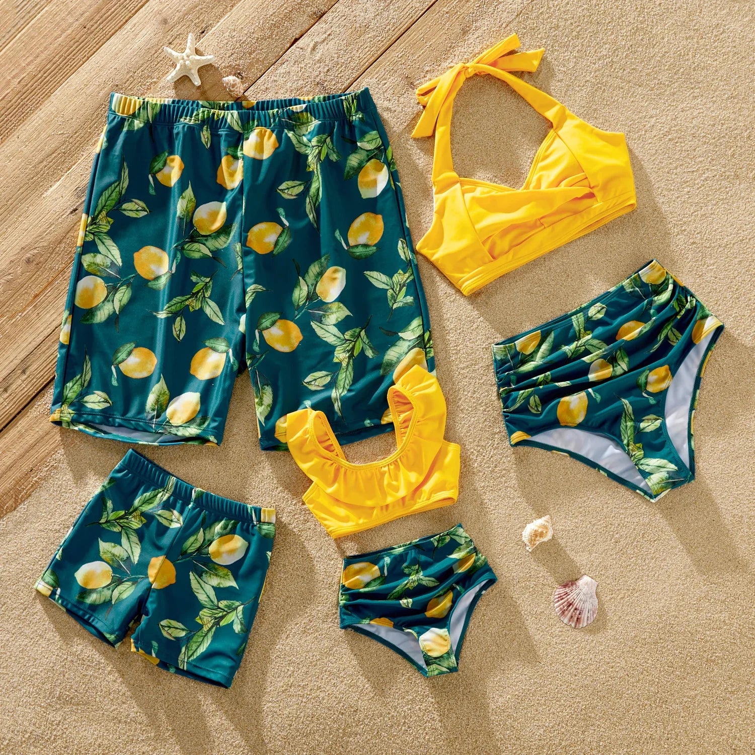 PatPat Family Matching Allover Lemon Print and Solid Halter Neck Two-piece Swimsuit or Swim Trunks Shorts Suitable for Summer