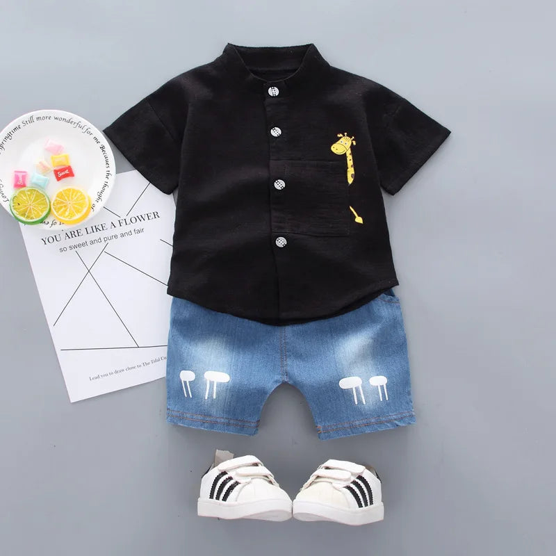 2025 Kids Clothes Summer Sets For Children Baby Boys Giraffe Short Sleeve T-Shirt+Shorts Jeans Toddler Sports Casual Outfits