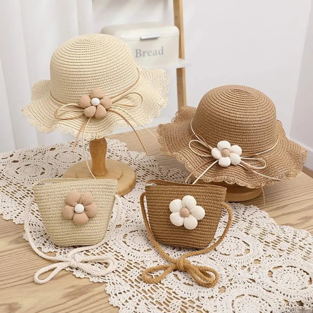 UV Protection Kids Straw Cap Bag Outdoor Spring Summer Breathable Beach Cap Travel Big Brim Sun Hat Children Girls