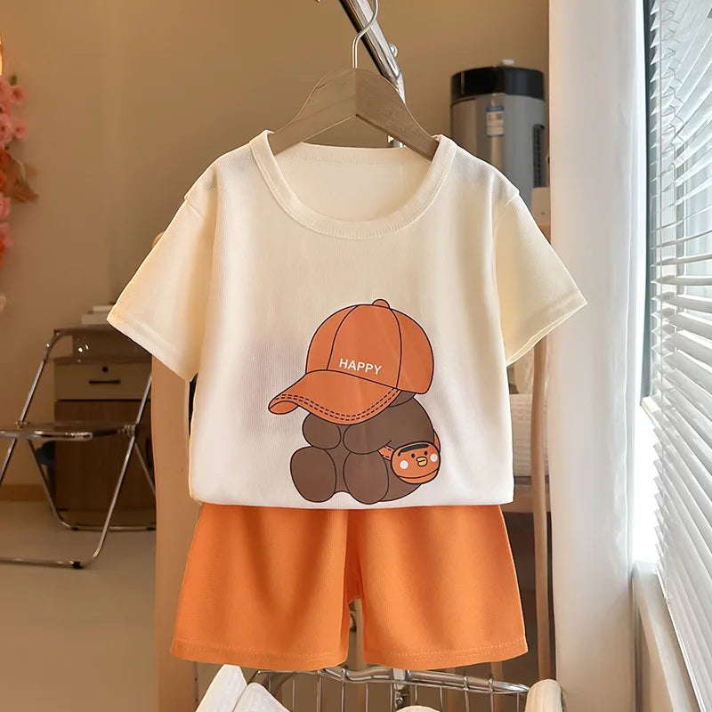 Summer 2025 Kids Clothes Children Short Sleeve Outfit Set Toddler Boys Girls Casual T-Shirt+Shorts Sports 2PCS Bear Clothing