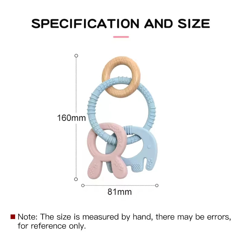 Baby Teething Toys Silicone Wooden Ring Teether BPA Free Cute Elephant Babies Chew Toy for Boys and Girls Newborn Gifts
