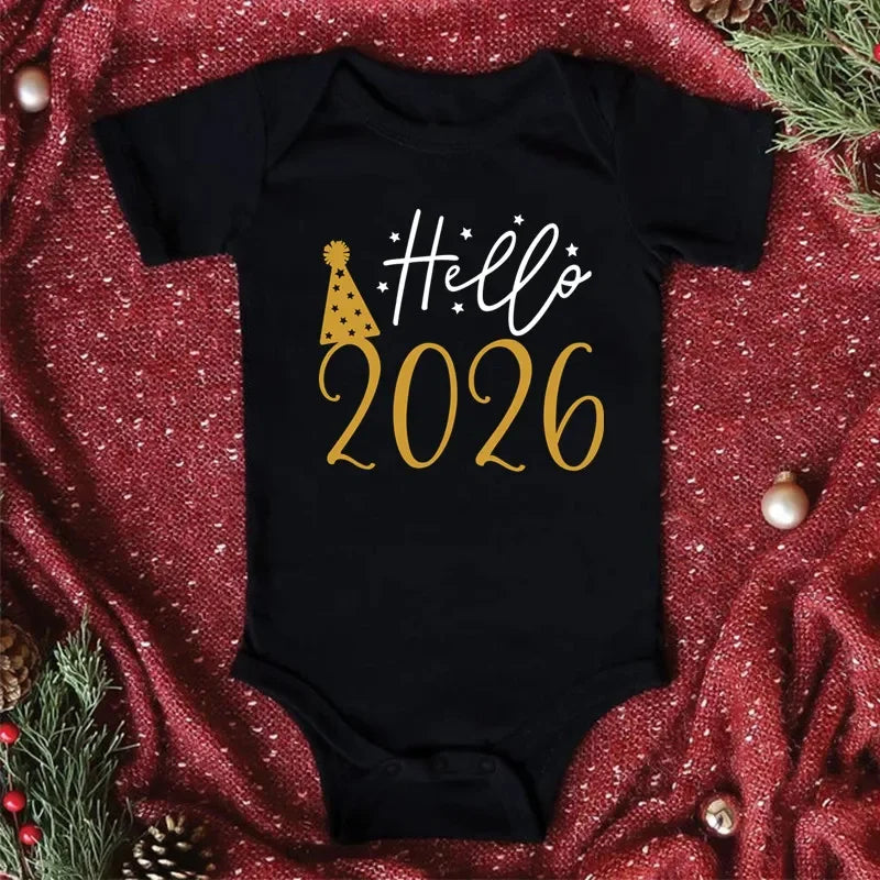 Hello 2026 Newborn Baby Bodysuit Cotton Short Sleeve Infant Rompers Body Baby Boys Girls New Year Ropa Clothes Christmas Gift