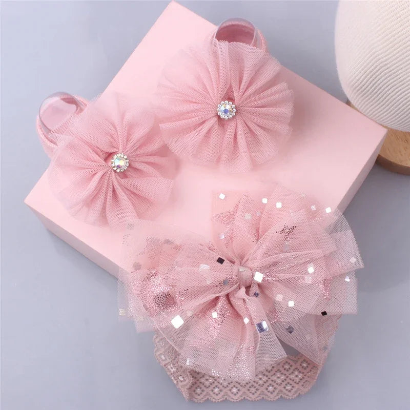 Baby Headband Socks Sets Sequin Bow Hairbands Pink Mesh Flower Newborn Boat Sock Princess Girls Headwear Kids Hair Accessories