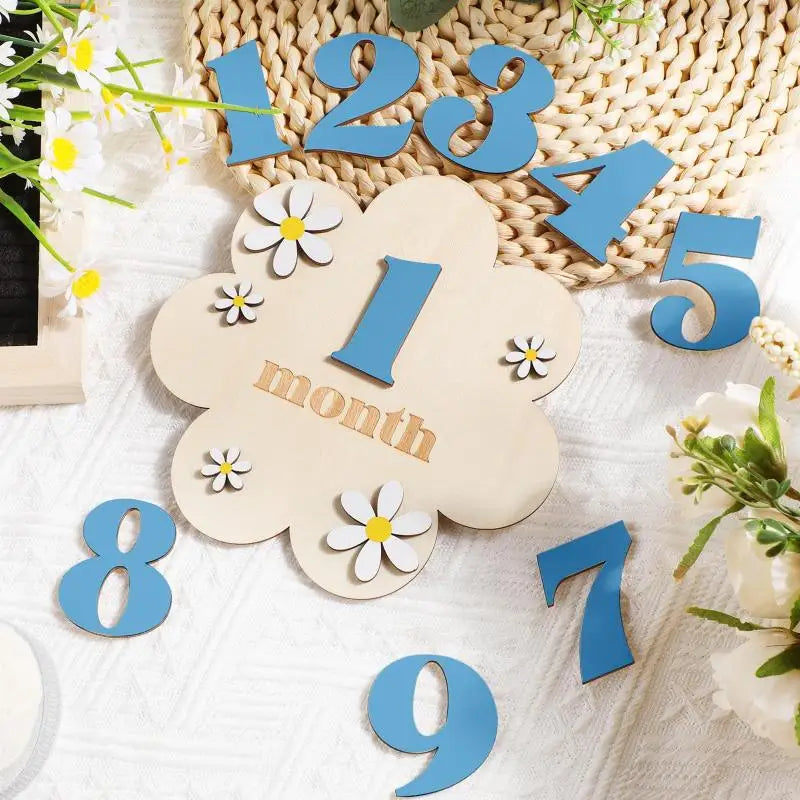 Z. Wooden Baby Monthly Milestone Cards Flowers Double Sides Number Month Girls Boys Newborn Photography Props Accessories