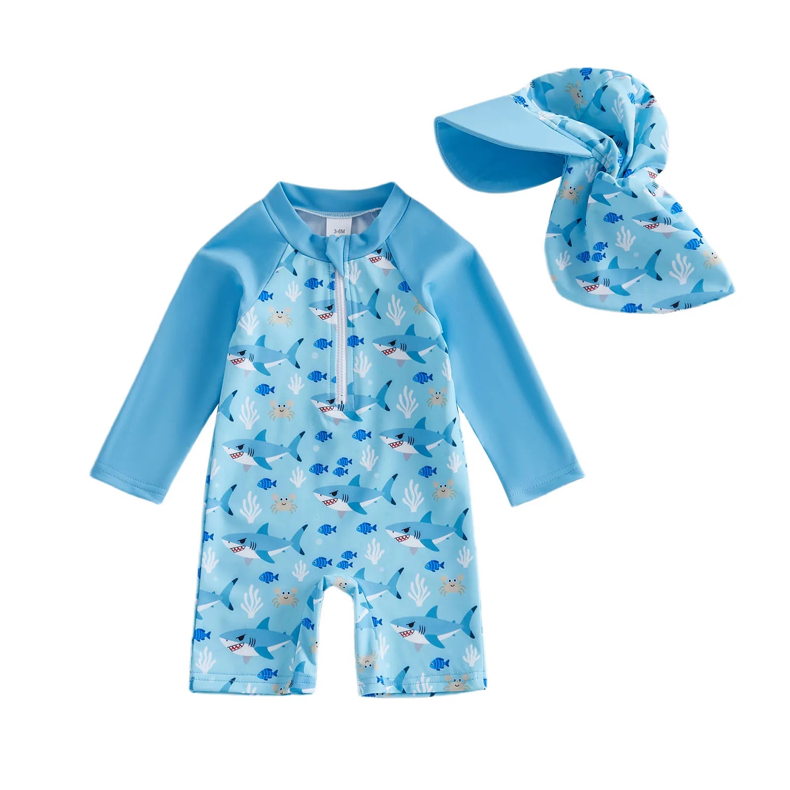 Toddler Baby Boy Rash Guard Swimsuits Cartoon Shark/Duck Print Long Sleeve Zip Up Bathing Suit with Sun Caps Summer Swimwear
