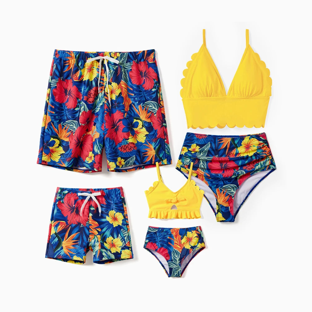 Family Matching Swimwear Set, Sexy Plants Floral Design, Fabric Stitching, Medium Thickness