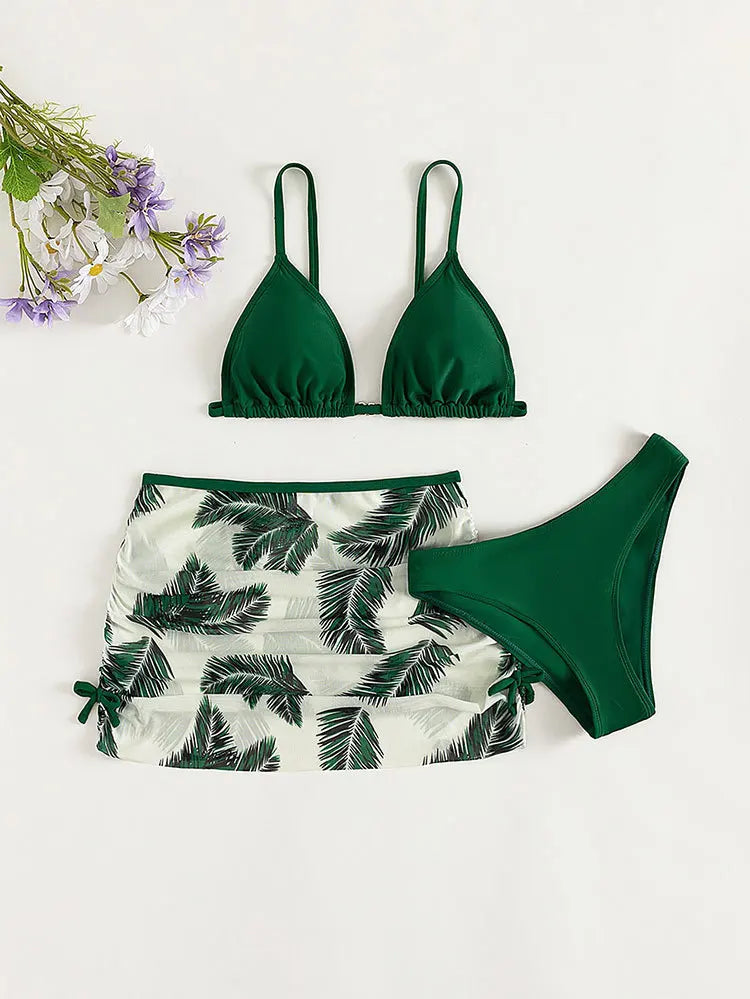 2025 Girls Printed Bikini Swimsuit Three Piece Set Beach Swimwear Big Kids Outfit Simple Holiday Wear Matching Summer New