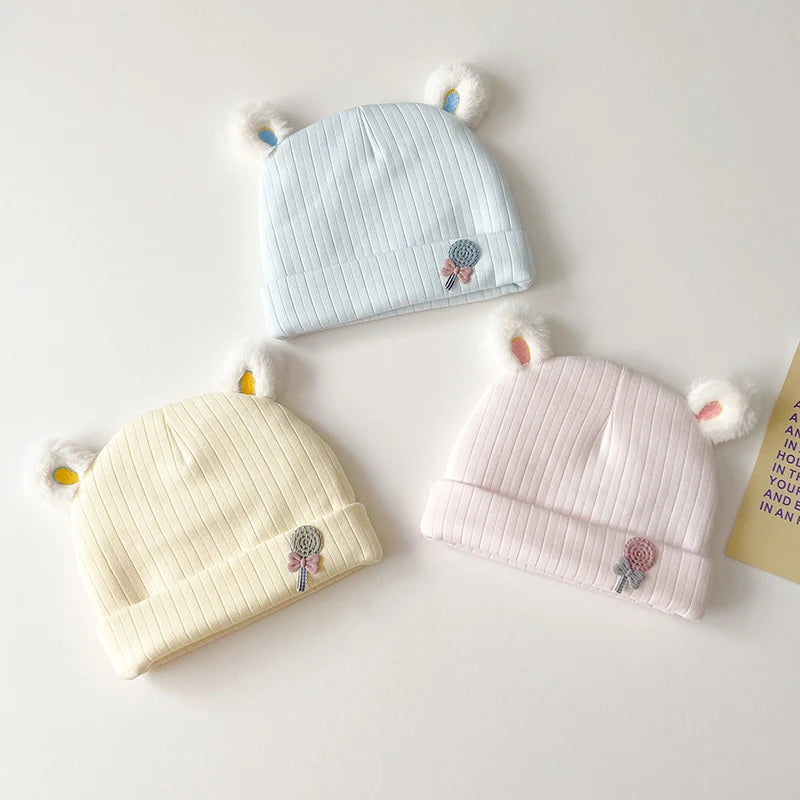 0-3 Months Newborn Fetal Hats Korean Cute Soft Cotton Boy Girl Autumn Winter Warm Beanies Caps Solid Color Infant Kids Bonnets