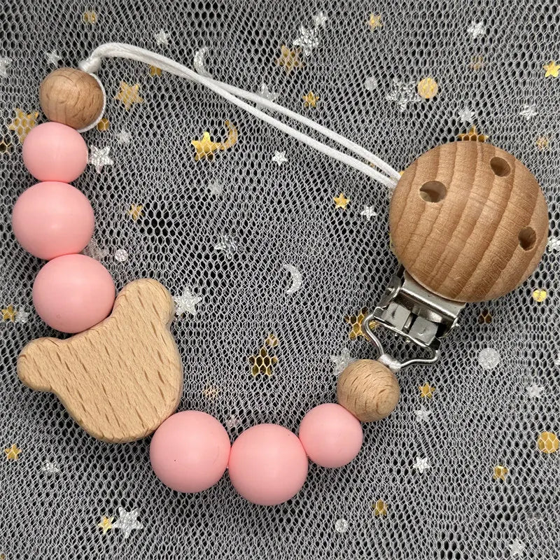 Custom Name Silicone Beads Wooden Ring Pacifier Clips Safe Teething Chains Baby Teether Eco-friendly Dummy Beech Clips Holder