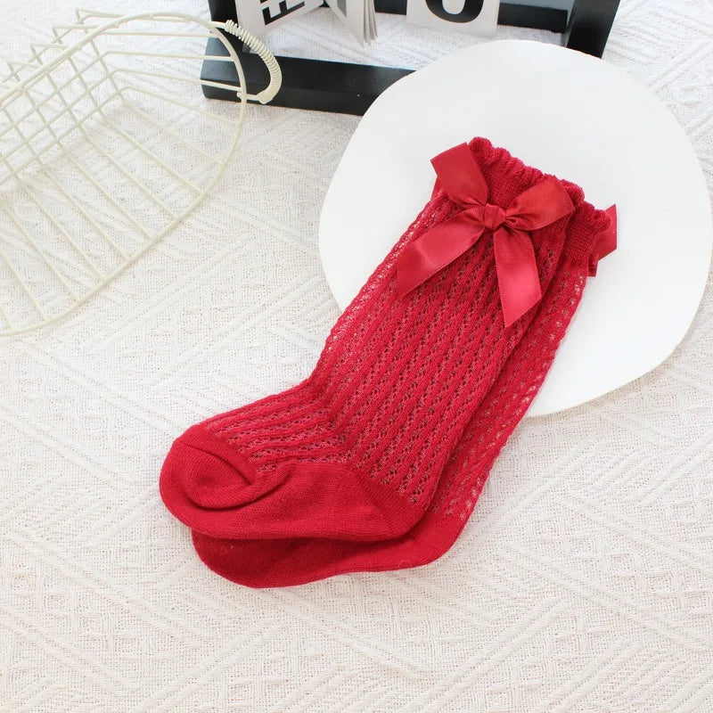 Baby's Christmas Red Socks Sweet Big Bows Knee High Princess Sock for Infant Holiday Atmosphere Cotton Mesh Breathable Long Sock