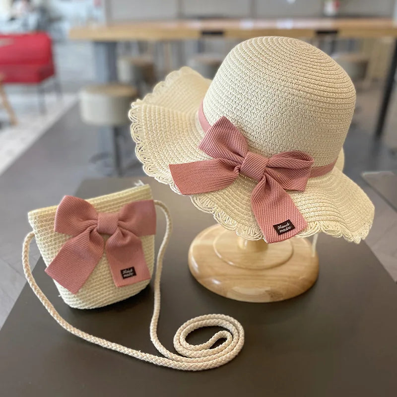Summer Baby Girls Straw Hat And Shoulder Bag 2pcs Set Parent-child Wide Brim Lace Holiday Beach Sun Hats Outdoor Bucket Cap