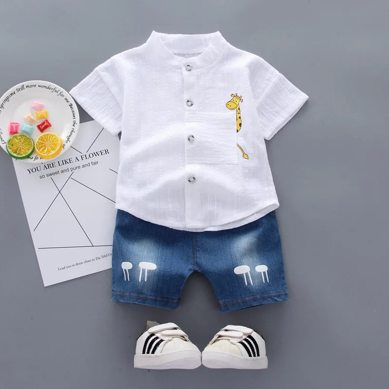 2025 Kids Clothes Summer Sets For Children Baby Boys Giraffe Short Sleeve T-Shirt+Shorts Jeans Toddler Sports Casual Outfits
