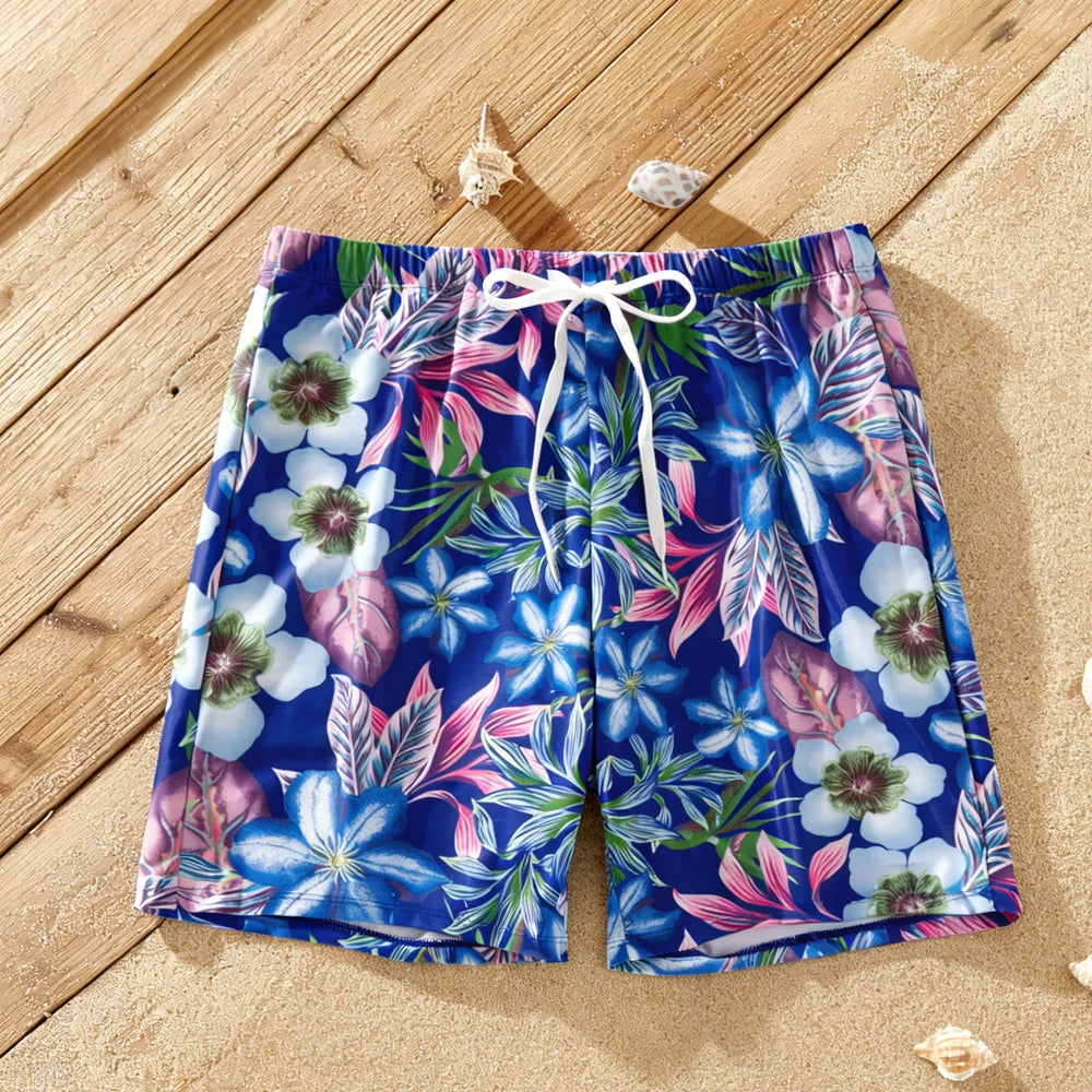 Family Matching Tropical Floral Print Swimwear Set: Dad Shorts, Mom One-Piece, Kid Swimsuit