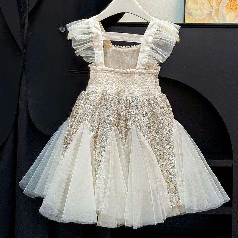 Kids Girl Clothes Sequined Flying Sleeves New Summer Party Dresses For Girls Elegant Mesh Vest Skirt Princess Dress Evening Prom