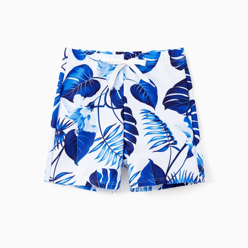 Family Matching Blue Tropical Leaf Swimwear Set Dad Boy Board Shorts & Mom Girl Bikini Sets