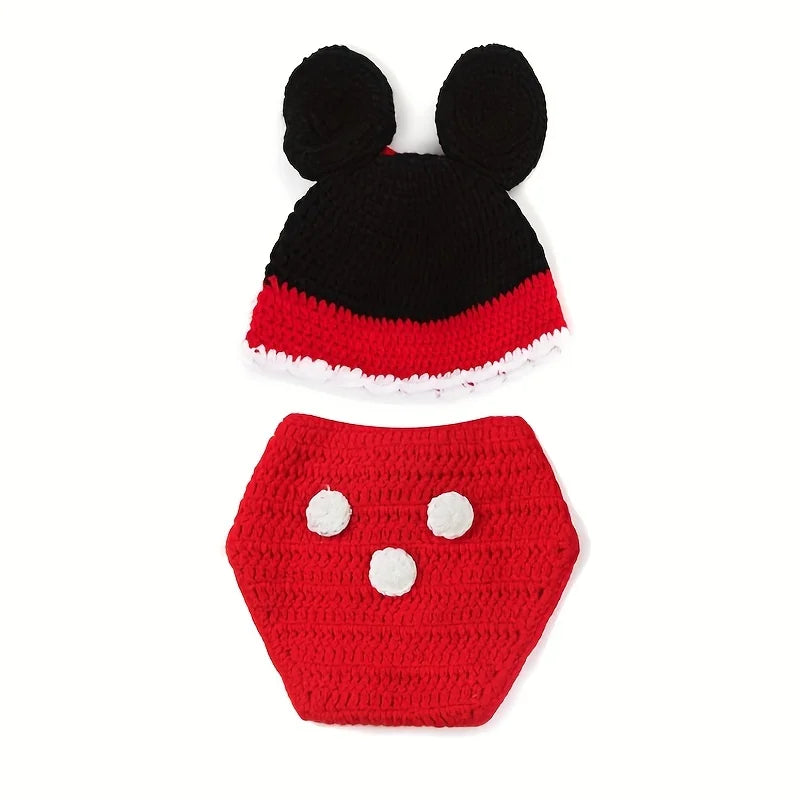 Newborn Party Costume，Easter Red Mouse Suit，Newborn Baby Photography Props Boy Girl，Crochet Knitted Hat Diaper Pants Outfits