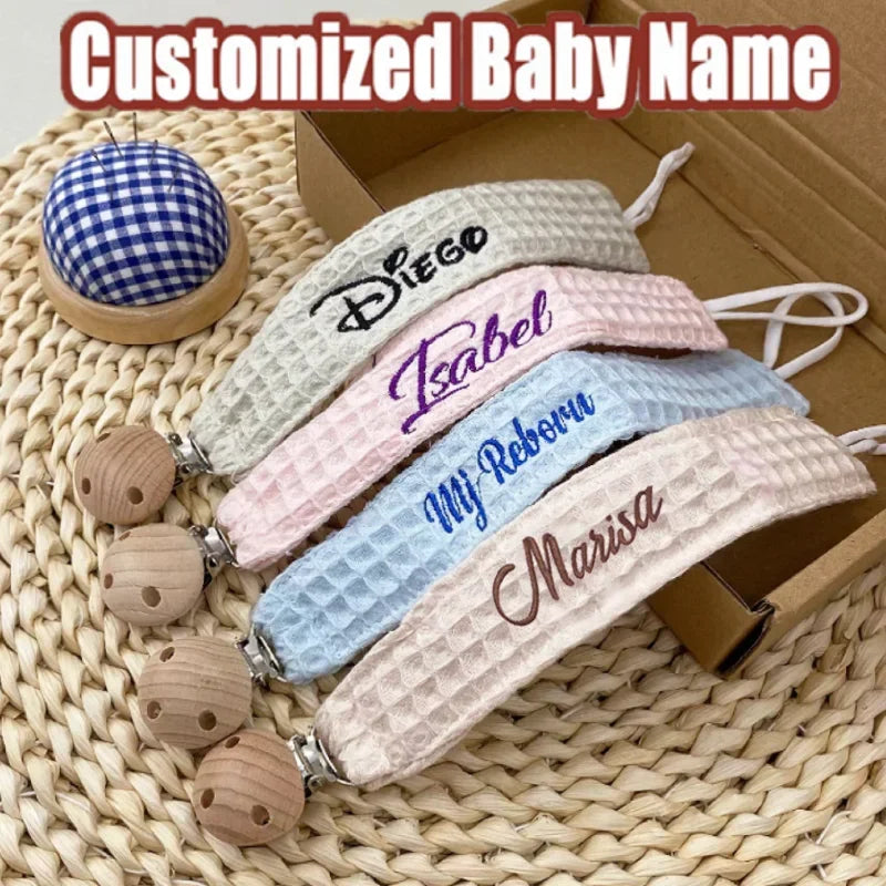 Hand Embroidered Name Pacifier Clip Holder Personalized Fabric Pacifier Clip with Wooden Clip for Babies Baby Shower Gift