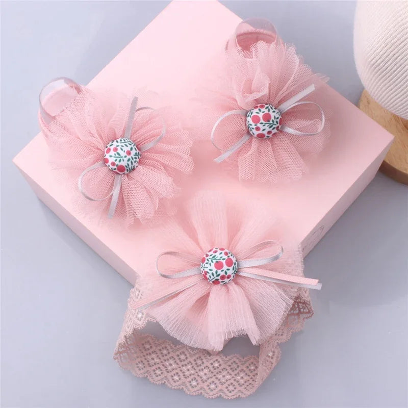 Baby Headband Socks Sets Sequin Bow Hairbands Pink Mesh Flower Newborn Boat Sock Princess Girls Headwear Kids Hair Accessories