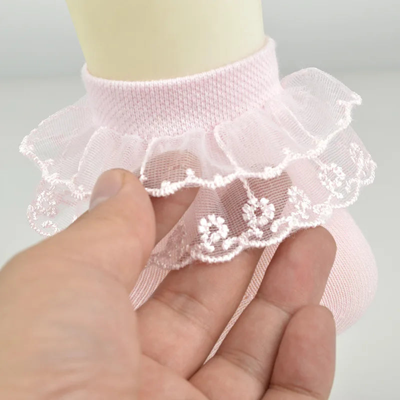 2Pairs Cotton Lace Ruffle Princess Mesh Breathable Socks Children Ankle Short Sock White Pink Blue Baby Girls Kids Toddler