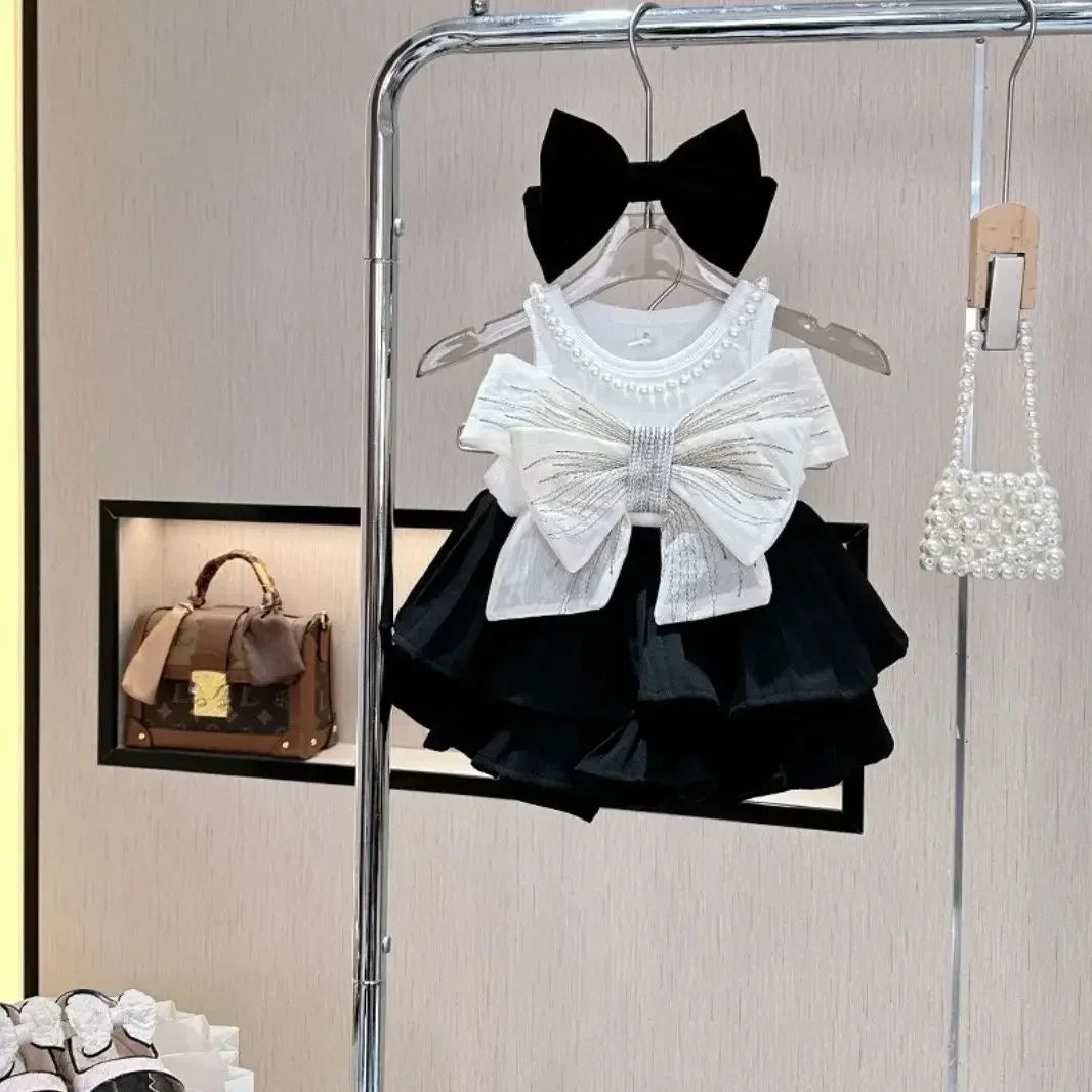 Baby Girls Summer Vest Shirts+cake Skirts Clothing Set Big Bowlegant Girl Kids Birthday Princess Suits Children Clothes