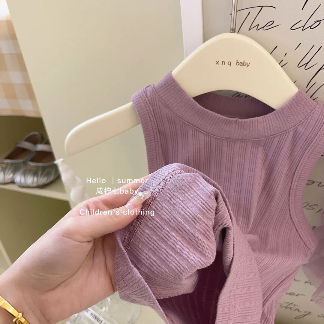 New girl vest +skirt 2pc/set solid girls baby children summer princess dress fashion clothes students 0-8year 80-140 purple