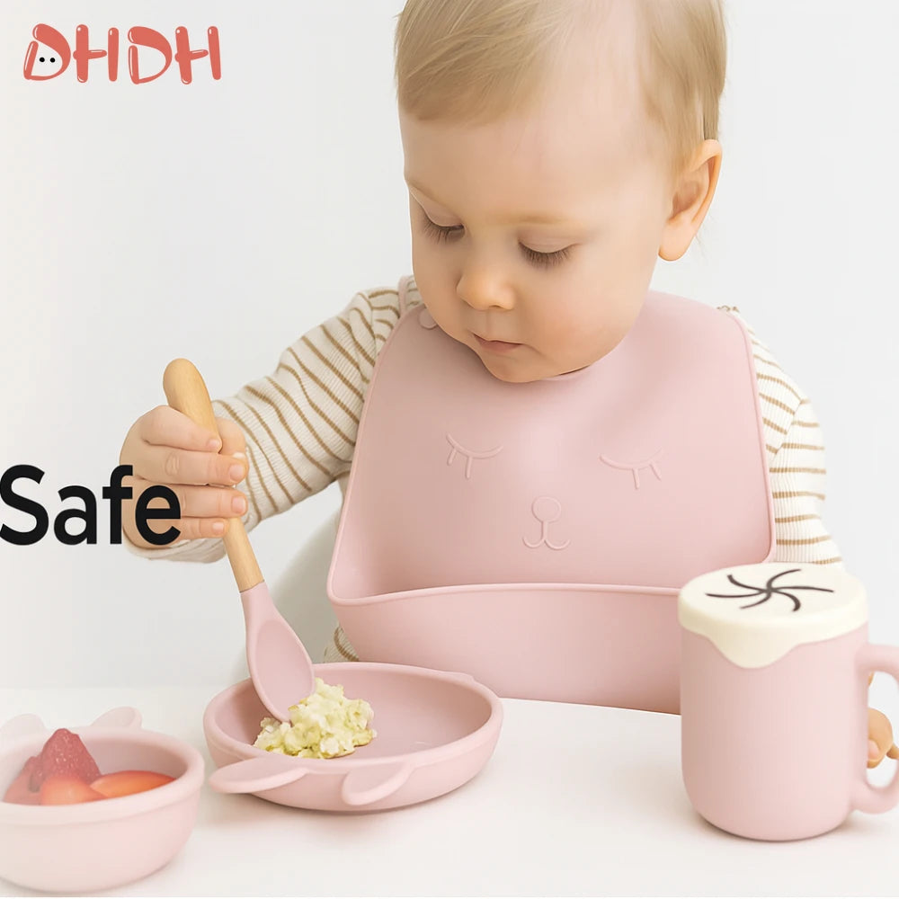 Baby Feeding Set | Silicone Bowl with Suction, Bib, Cup, Fork & Spoon | Infant Tableware Kids Plate BPA-Free Baby Dishes Set