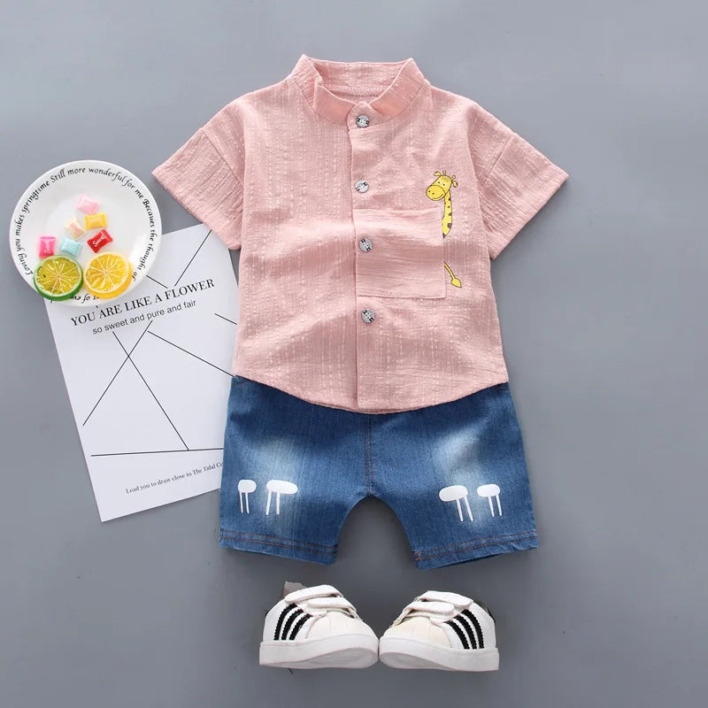 2025 Kids Clothes Summer Sets For Children Baby Boys Giraffe Short Sleeve T-Shirt+Shorts Jeans Toddler Sports Casual Outfits
