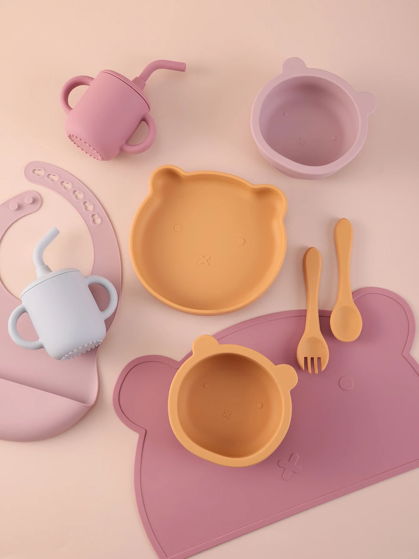 7PCS Silicone Baby Feeding Set Cartoon Plates Suction Bowl Straw Cup BPA Free Toddler Tableware Self Feeding Essentials