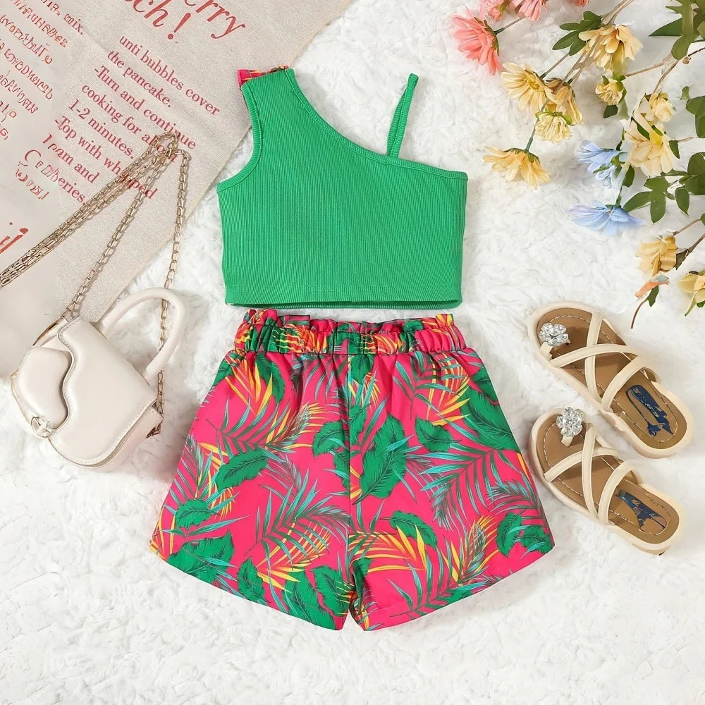 Girls' Clothes Summer Children Tropical Print Crop Top and Short Pants 2Pcs Set Kids Girls Beach Clothing for Outdoor 4 5 6 7 Y