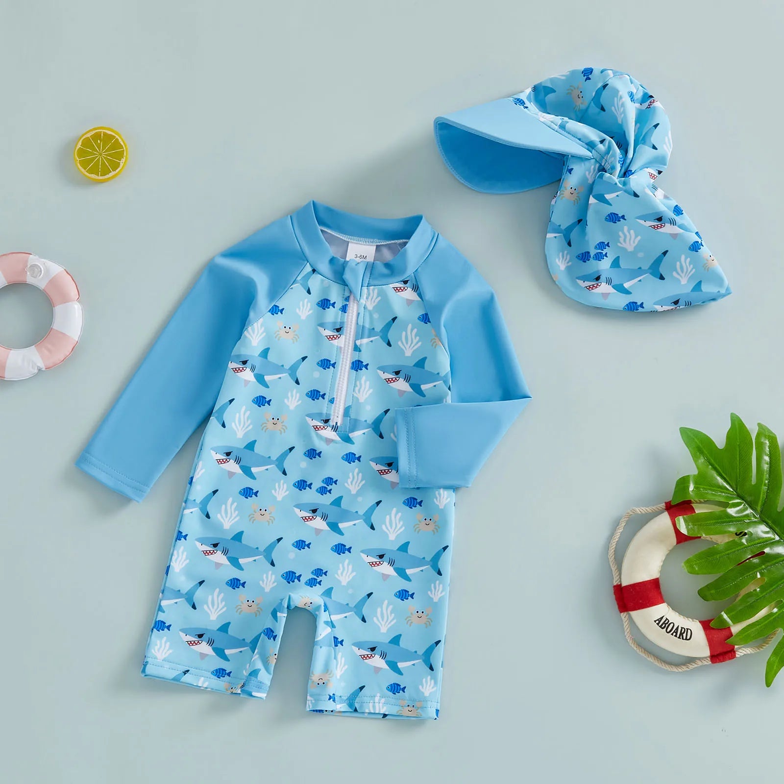 Toddler Baby Boy Rash Guard Swimsuits Cartoon Shark/Duck Print Long Sleeve Zip Up Bathing Suit with Sun Caps Summer Swimwear