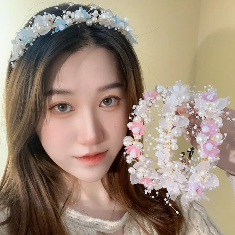 Elegant Children Pearl Headbands Women Bridal Wedding Headband Hair Headdress Flowers Bride Garland Head Hoop Hair Jewelry Gifts