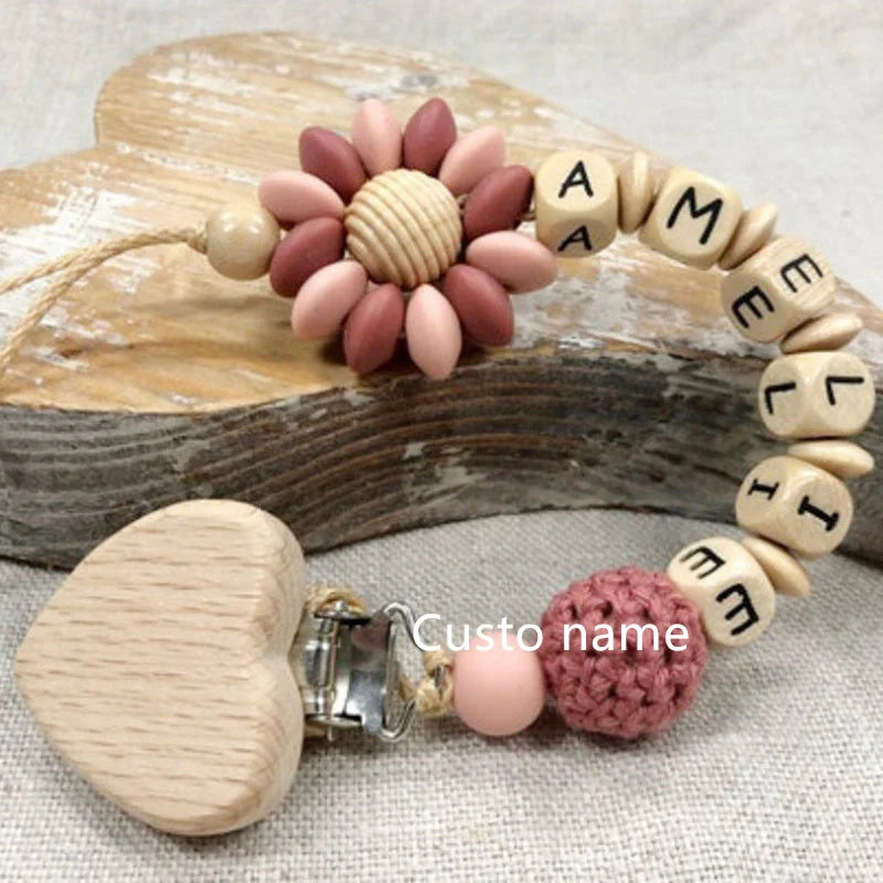 Custom Name Silicone Beads Wooden Ring Pacifier Clips Safe Teething Chains Baby Teether Eco-friendly Dummy Beech Clips Holder