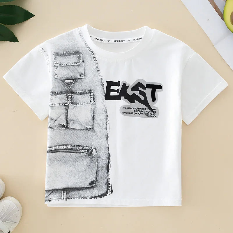 Boys Summer T Shirt Casual O Neck Short Sleeve Kids Fake Denim Pocket Print Tops Letter Graphic Tees Children Streetwear Clothes