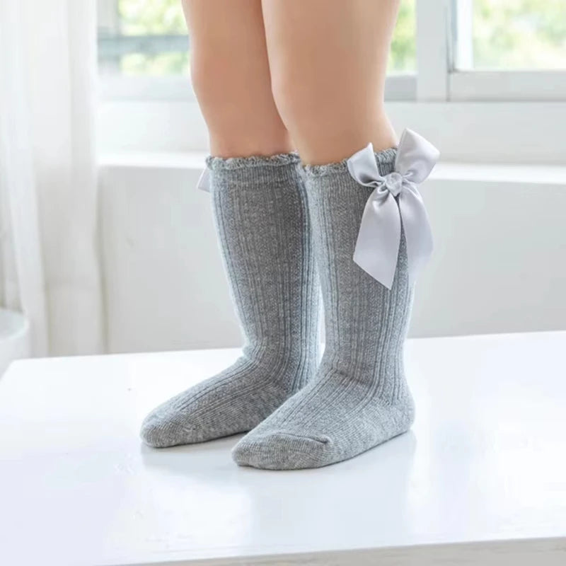 Bow Baby Long Socks Spring Autumn Kids Knit Stockings Non-slip Princess Girls Knee High Sock Solid Cotton Newborn Footwear 0-3Y