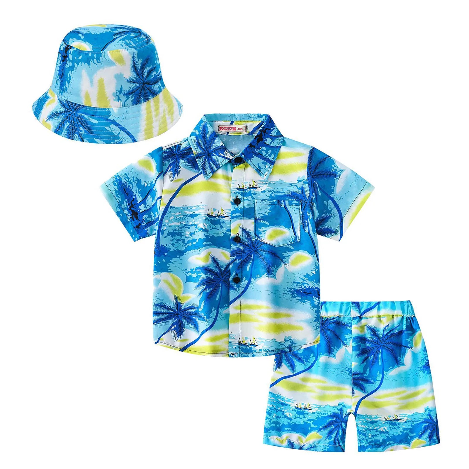 Kids Boys Summer Beach Clothes Set Hawaiian Outfits Print Short Sleeve Shirt with Shorts Bucket Hat Pool Swimwear Beachwear