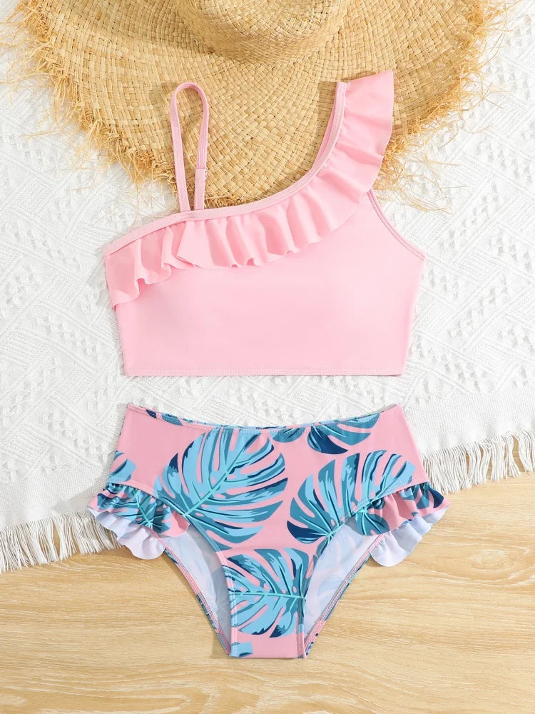Bikini Girls Kids Swimsuit 2025 New Print Sloid Ruffle Sling Children Swimwear Summer Two Piece High Waist Beach Bathing Suits