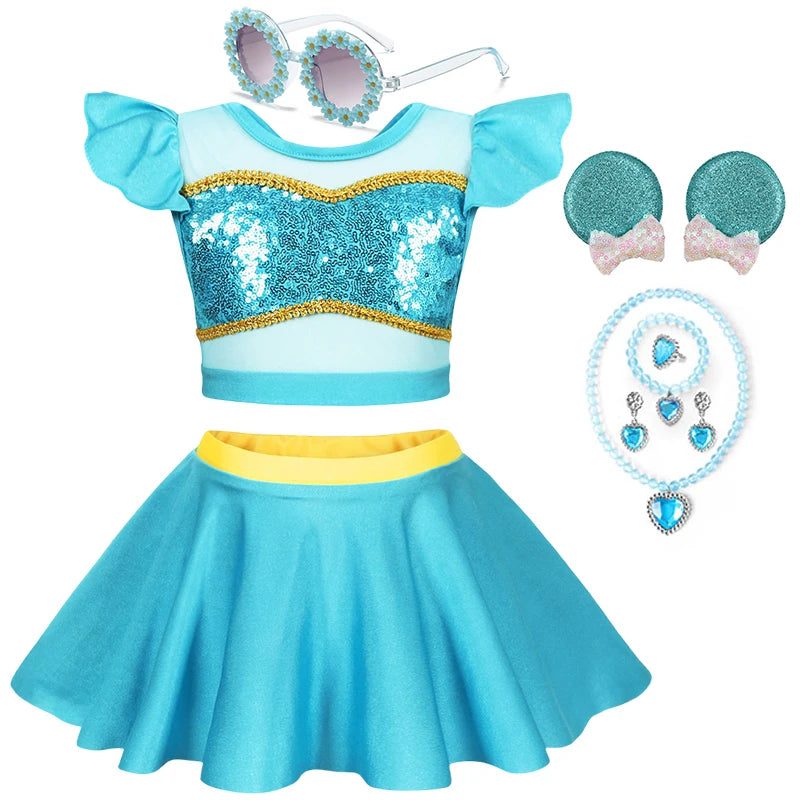 Summer Kids Girls Two Piece Elsa Beach Bikini Swimsuit 2025 Kids Rapunzel Jasmine Swimwear  Child Swimming Outfits Ruffled Skirt