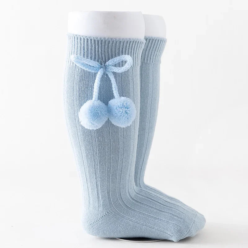 Baby Socks Solid Cotton Soft Long Princess Socks with Cute Pom-Pom Bow Decor Boy Girls Stretchy Warm Cozy Casual Socks Stockings